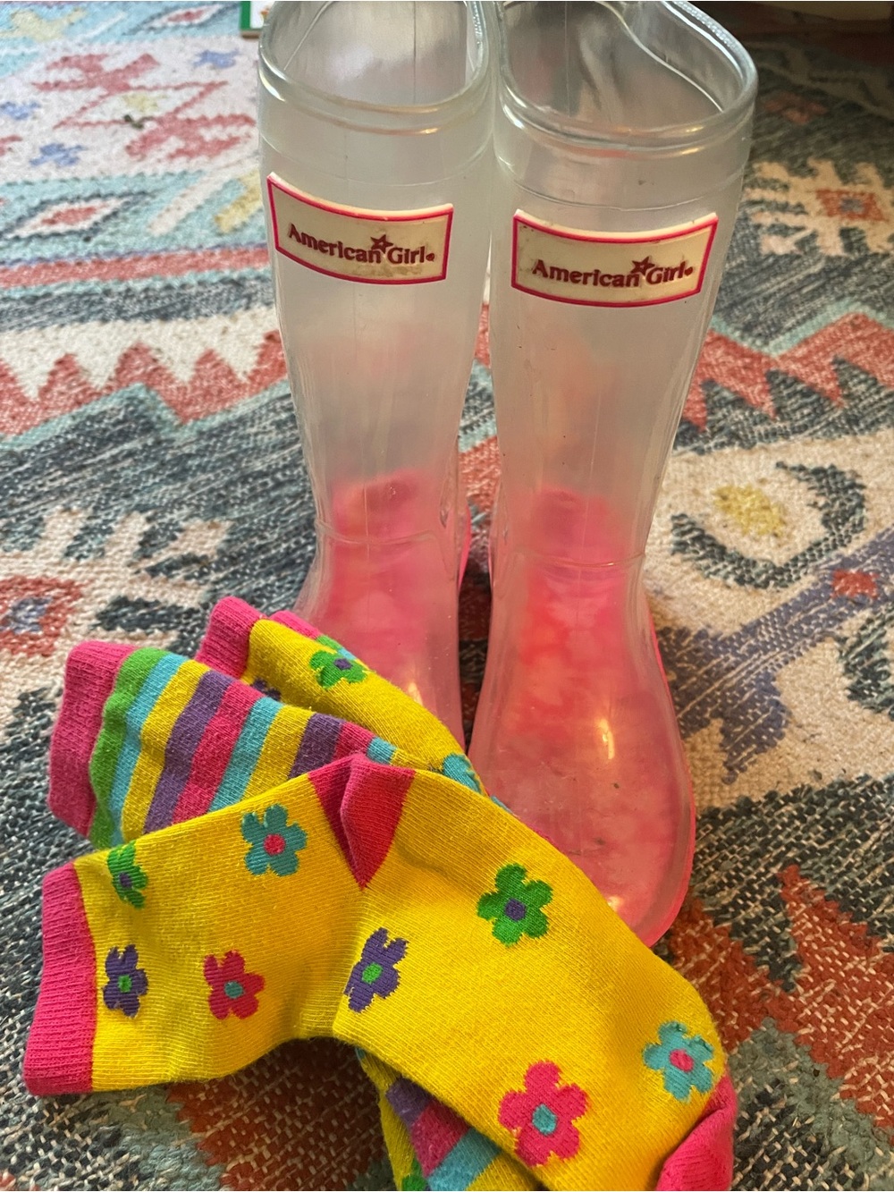 American Girl Clear Boots with Pink Soles and Yellow Floral Socks size 12-13